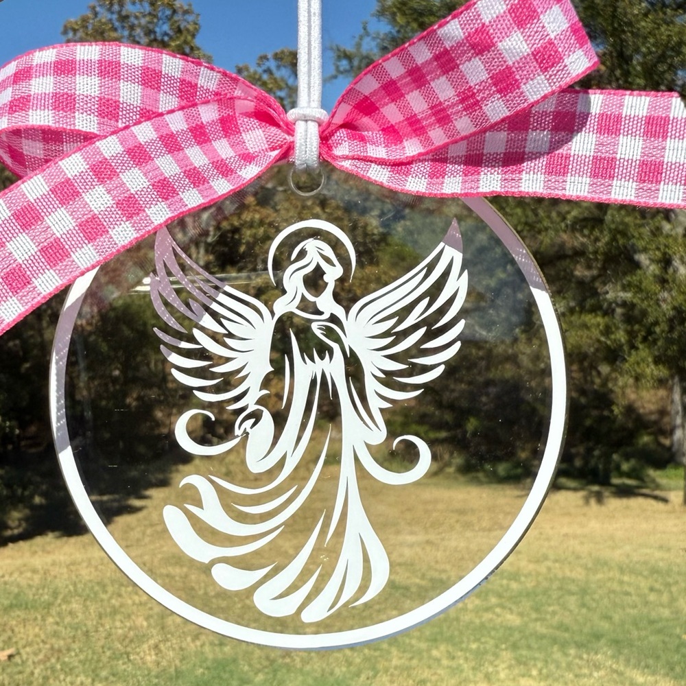 Handcrafted Angel Ornament - Guardian Angel Rear View Mirror Charm with Pink Bow
